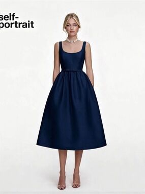 NWOT Self-Portrait Navy Square-Neck Midi Dress, Size US 2/4/6/8